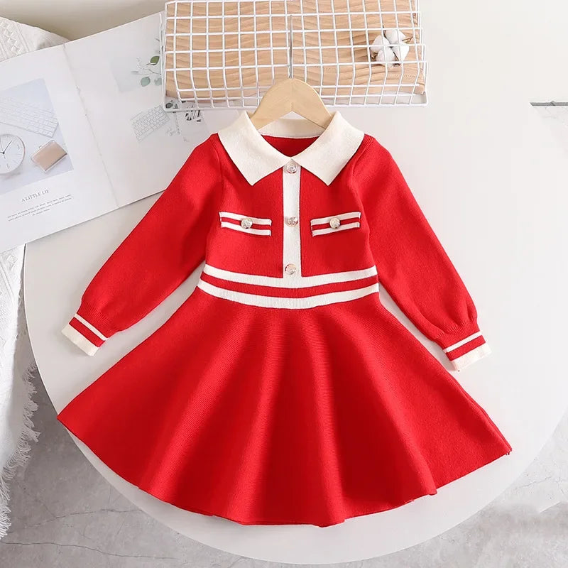 Children's Dresses Lapel Dress Stylish Slim-fit Sweater Dress Knitted Sweater Toddler Girl Winter Clothes Kids Knitwear