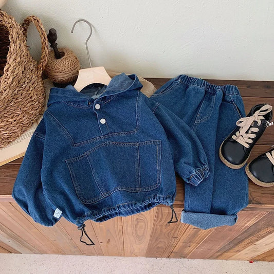 Children's clothing Spring and Autumn, boys' denim hooded sweatshirt, women's Baoyang solid color long sleeved top and pants set