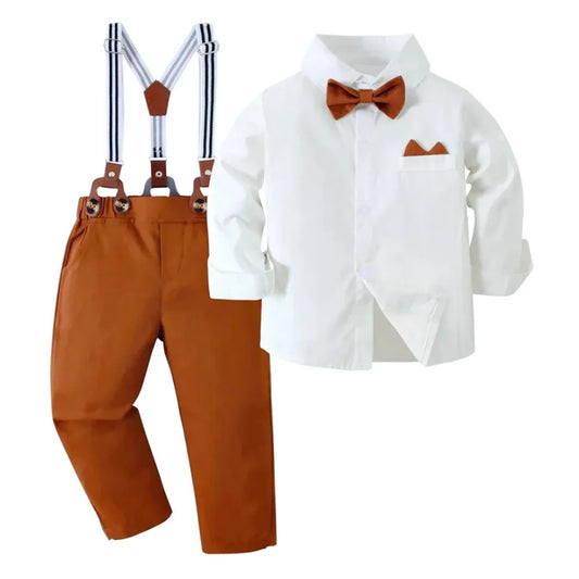 Boy Wedding Clothing Set Solid Cotton Shirt with Pants Kid Suspender suit 1 2 3 4 5 6Years Fall Birthday Costume Gentleman Child