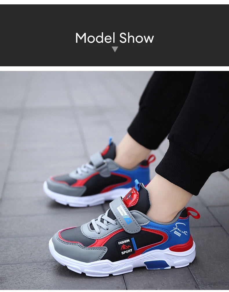 Kids Fashion Sport Casual Sneakers for Boys Leather Upper Children's Outdoor Lightweight Shock-Absorbing Running Shoes