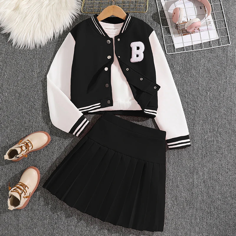 Girls Sets Letters Applique Baseball Outwear & Pleated Skirt Spring Outfit Tween Girls Casual Sporty Sets Trendy Kids Suits