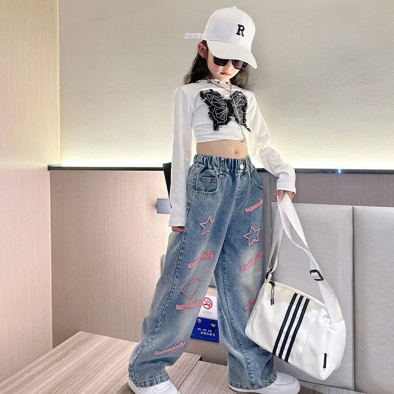 New 2024 Spring Teenagen Girls Jeans Stars Love Towel Embroidered wide Leg Long pants Baggy Denim Trousers for 4-13yrs Kids Girl