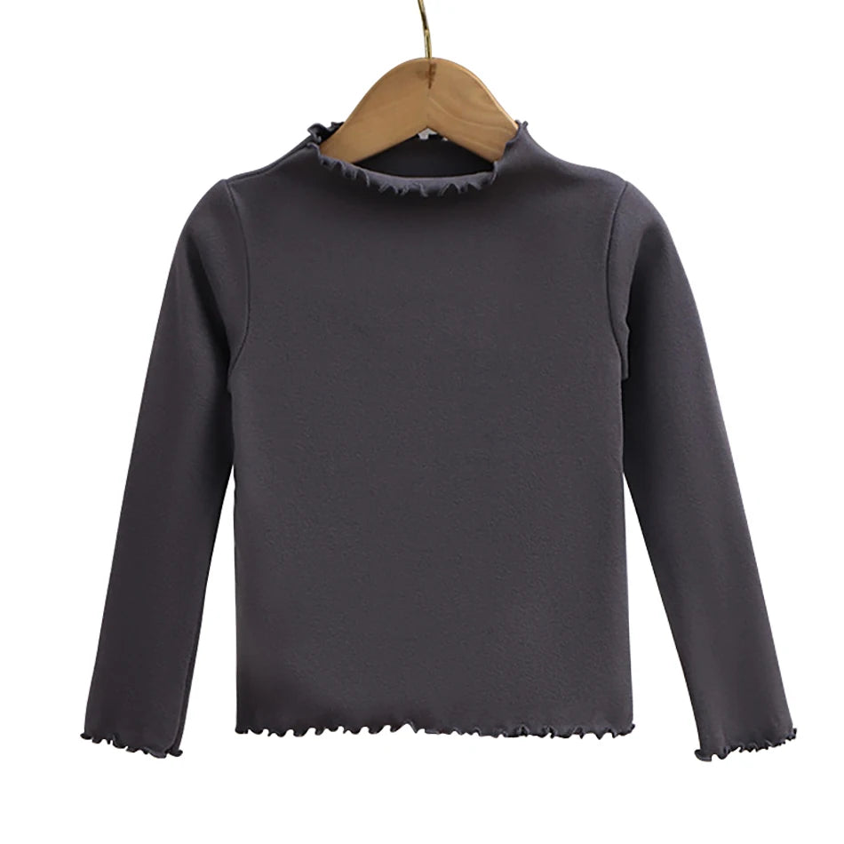 Autumn-Winter Girls Long Sleeve Solid Color T-Shirt with Ruffle Collar Girls Fashionable Comfortable Everyday Wear T-Shirt