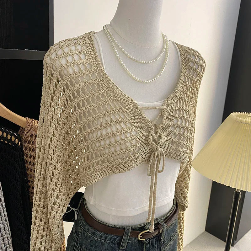 Crochet Crop Tie Front Cardigan Women Long Sleeve Sheer OpenKnit Bolero Shrug Top Summer Beach Bikini Cover Up Y2K Outfit
