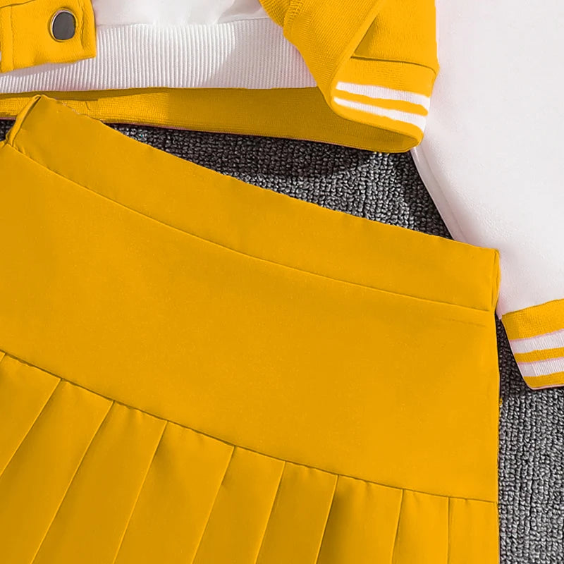 Girls Sets Letters Applique Baseball Outwear & Pleated Skirt Spring Outfit Tween Girls Casual Sporty Sets Trendy Kids Suits