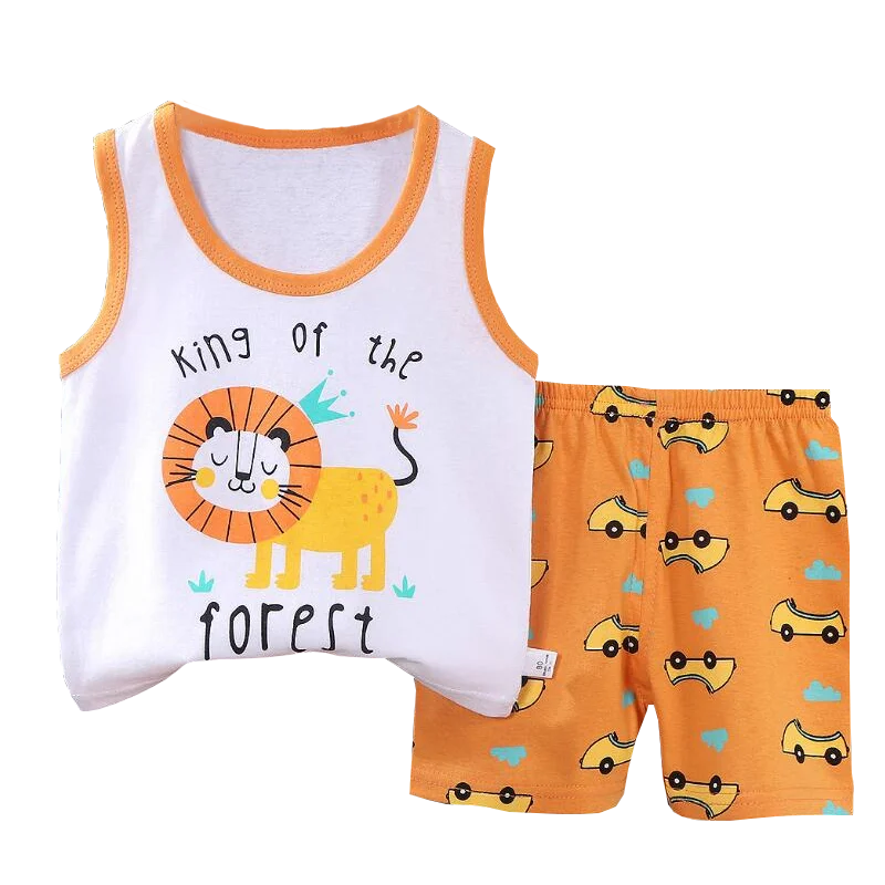 Kids Boys Girls Vest+Shorts 2-Piece Clothing Set Summer Tracksuit Baby Soft Cotton Cartoon Pajamas Home Wear Casual Clothes Suit
