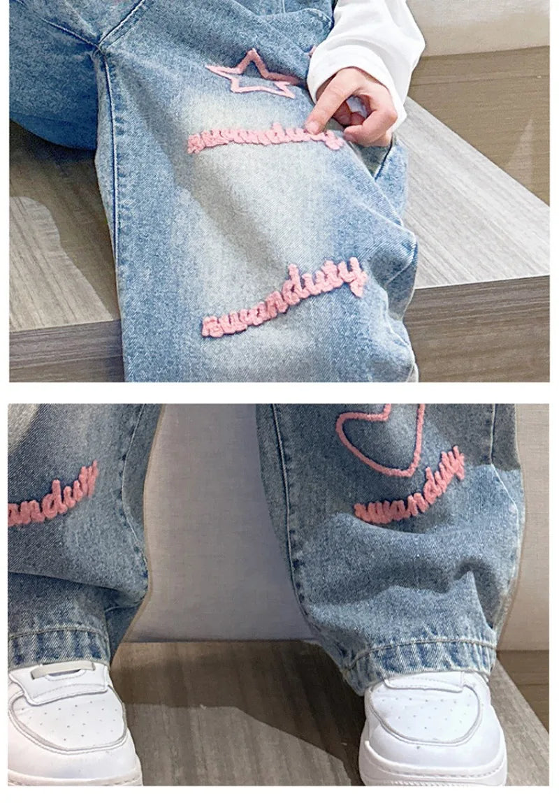 New 2024 Spring Teenagen Girls Jeans Stars Love Towel Embroidered wide Leg Long pants Baggy Denim Trousers for 4-13yrs Kids Girl