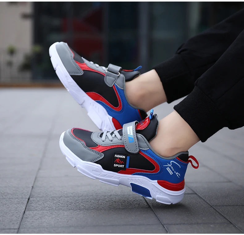 Kids Fashion Sport Casual Sneakers for Boys Leather Upper Children's Outdoor Lightweight Shock-Absorbing Running Shoes