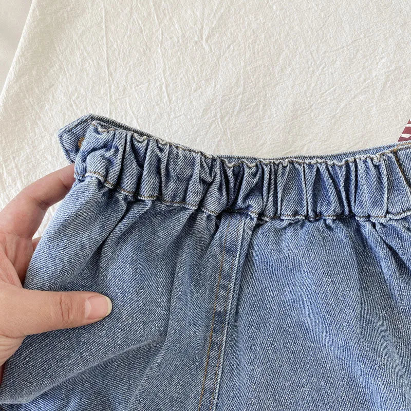 Korean Fashion New Summer Kids Girl Skirt Shorts Solid Elastic Waist Button Soft Denim Culotte Children Versatile Clothing