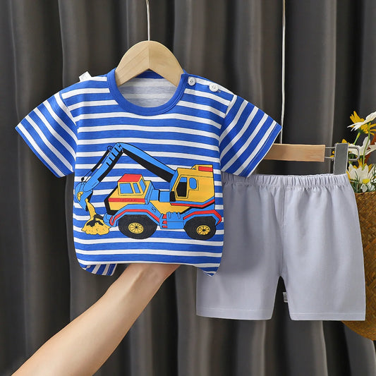 Summer Baby Boys' Clothing Suit Cartoon Excavator Cotton Short Sleeved Top +Shorts 2pcs Set Children Boy Kids Pyjamas Suit 0-4T
