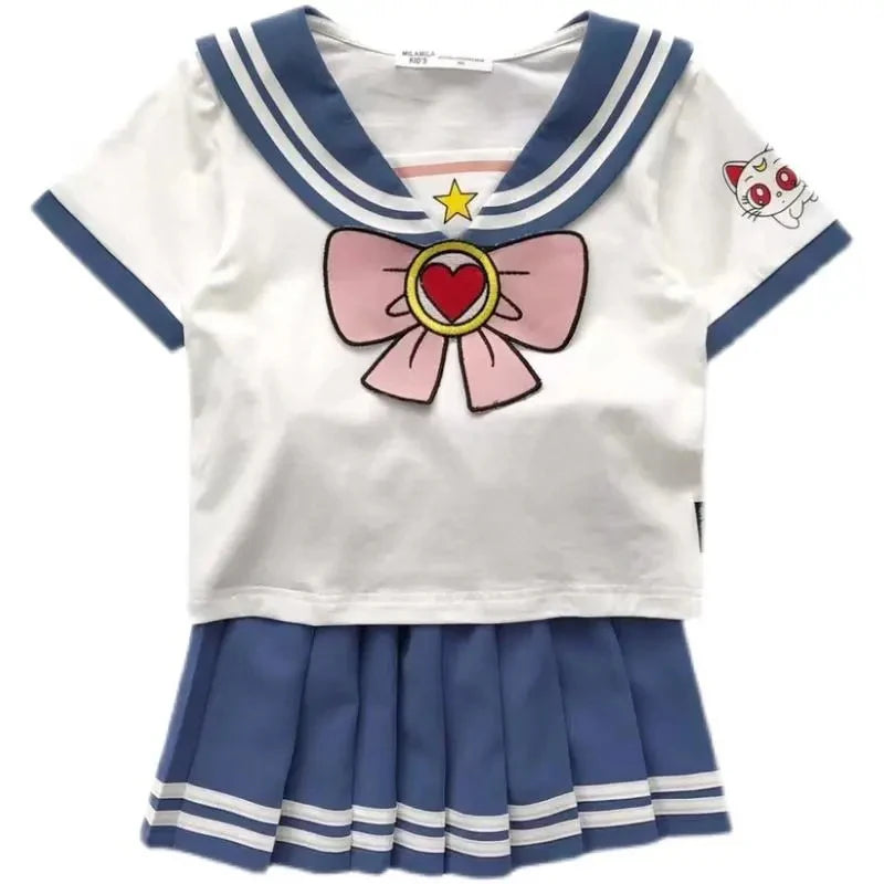 Kids Girls Clothes Sets Cartoon Bow T-Shirts Tops Pleated Skirts Suits Sailor Moon Cosplay Party Custume Children Clothes Sets