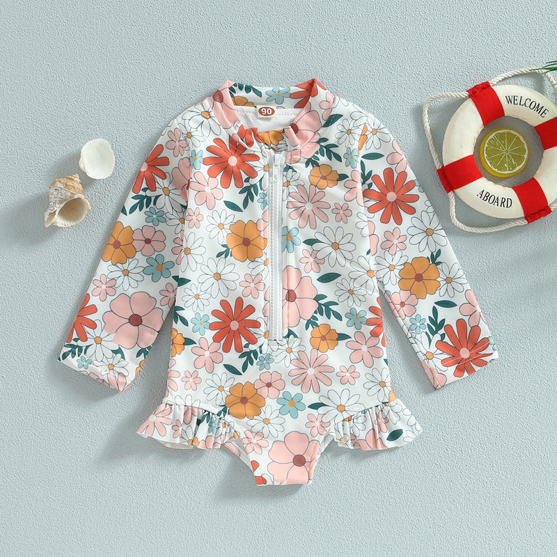 Kids Baby Girl Swimsuits Summer Floral Long Sleeve Zipper Ruffles Jumpsuit Swimwear Beachwear Bathing Suits