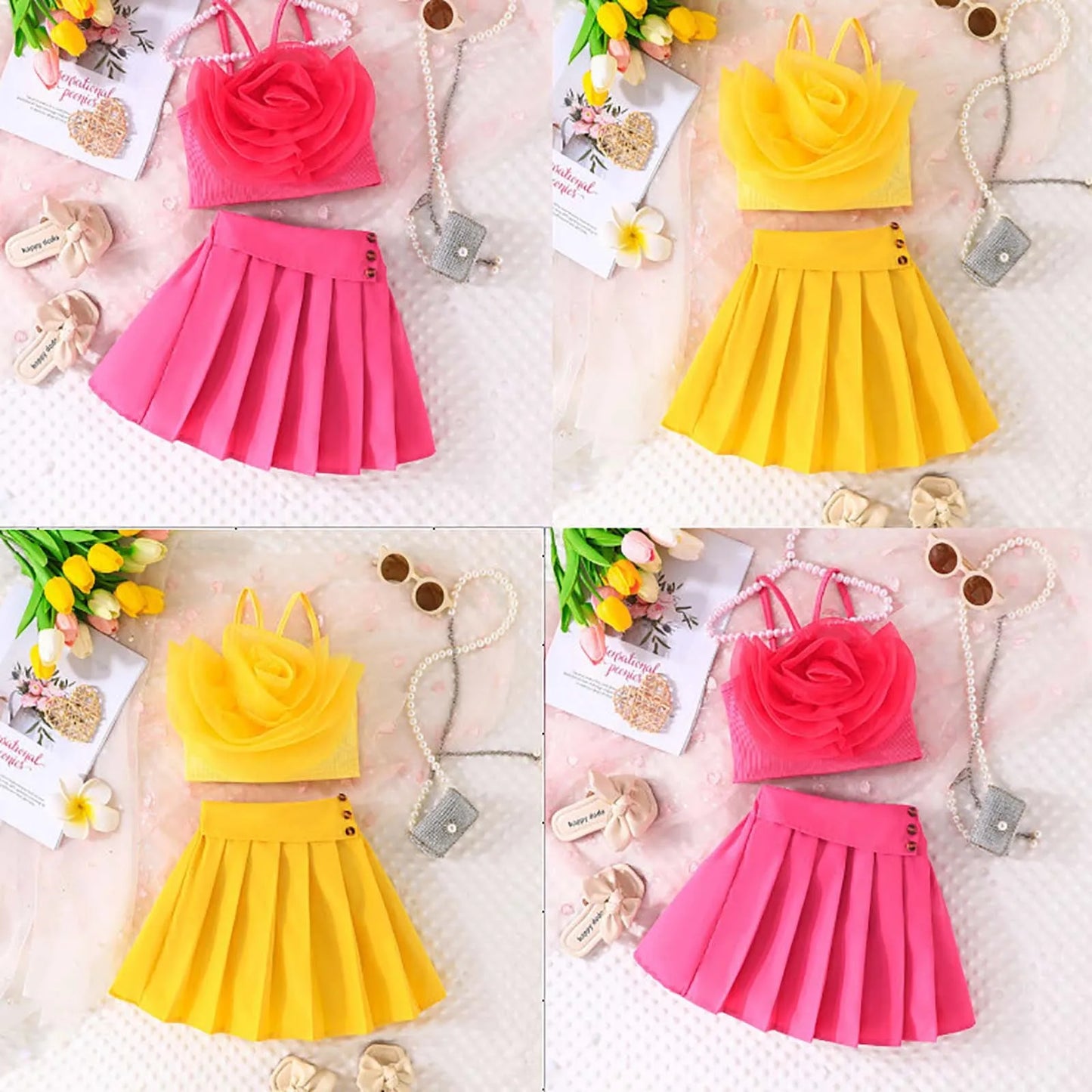 Girls Children'S Set For Kids Solid Color Three Flower Skirts Set Dress Long Sleeve Shirt Sling+Dress Summer Overalls