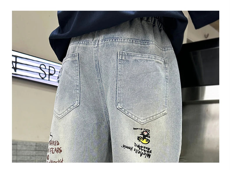 Boy Ripped Jeans 2025 New Product Mid-Pants Summer Fashion Casual Boys Denim Mid-Pants  Printed Cropped Pants 5-15 years old