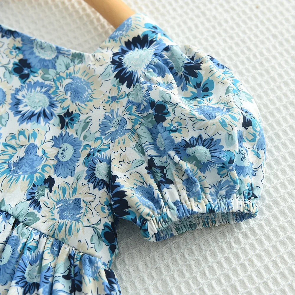 Kid's Dress For 2-6 Years Girls Blue Floral Short Sleeve Princess Dress Summer Fashion Kids Casual Dresses