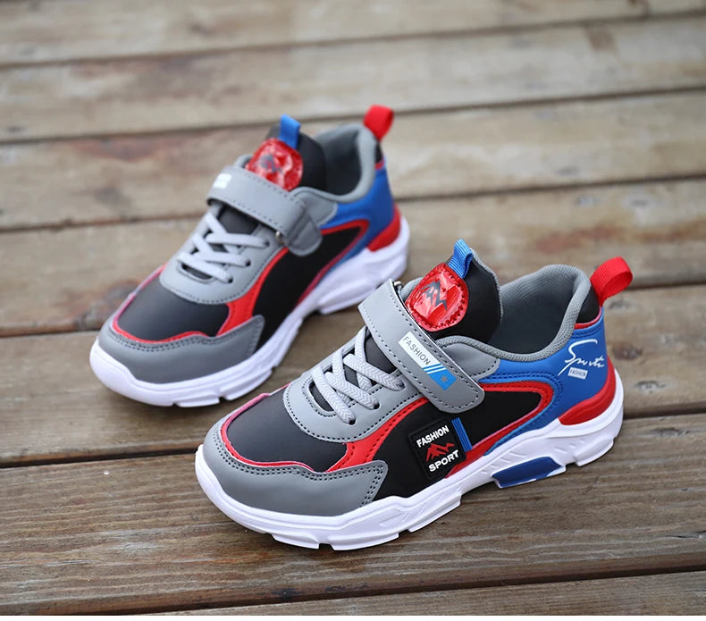 Kids Fashion Sport Casual Sneakers for Boys Leather Upper Children's Outdoor Lightweight Shock-Absorbing Running Shoes