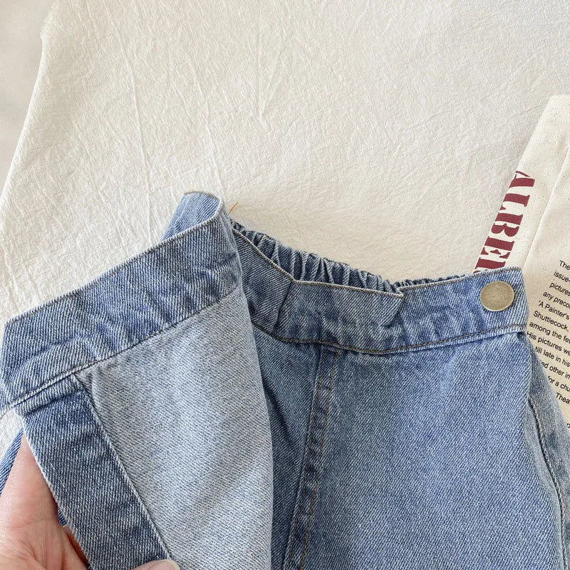 Korean Fashion New Summer Kids Girl Skirt Shorts Solid Elastic Waist Button Soft Denim Culotte Children Versatile Clothing