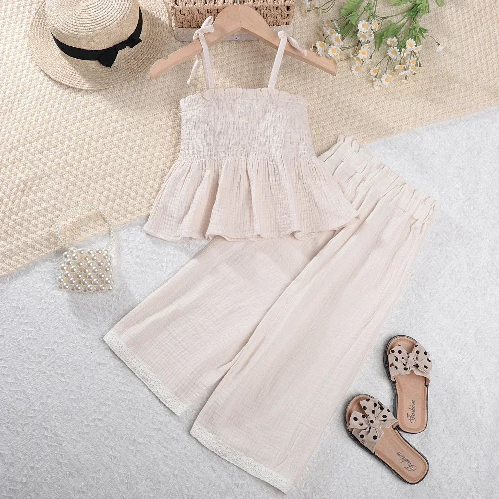 Korean Children Kids Clothing Set Girls Summer Organic Cotton  Camisole Top Lace Wide Leg Pants Trousers Outfits