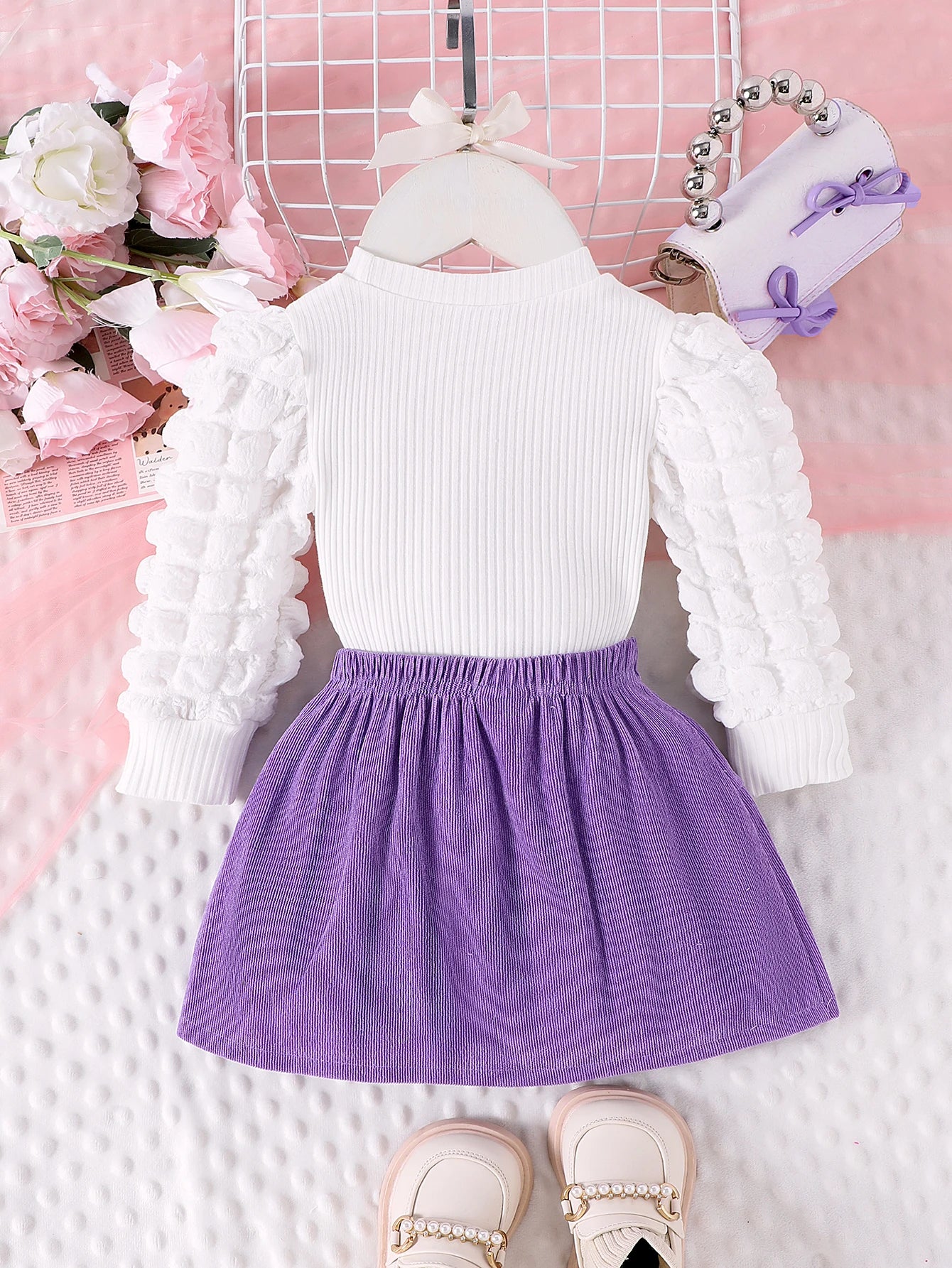 2PCS  Autumn New Style For Girls 1-3 Years Old, Comfortable And Sweet Bubble Sleeve Love Badge Top + Short Skirt Set