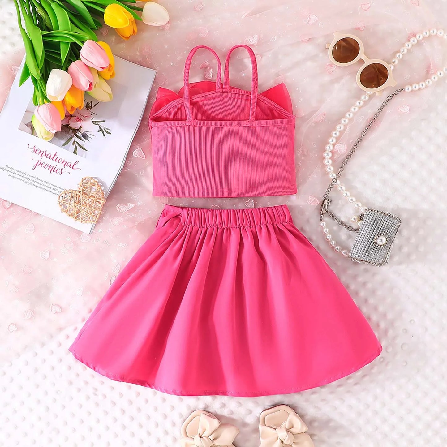 Girls Children'S Set For Kids Solid Color Three Flower Skirts Set Dress Long Sleeve Shirt Sling+Dress Summer Overalls