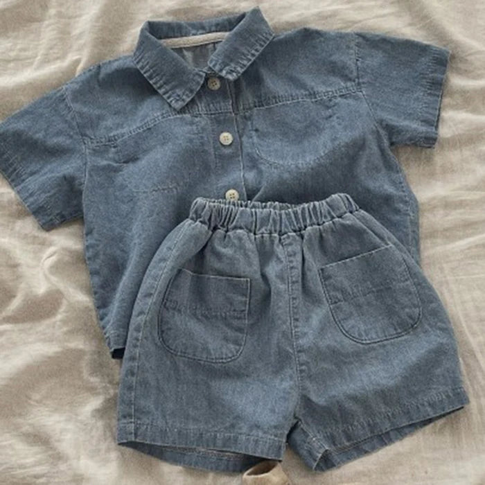 Korean Style 1-6Yrs Baby Boys Girl Clothes Set Cotton Linen Short Sleeved Cardigan+Shorts Kids Clothing Suit For Summer
