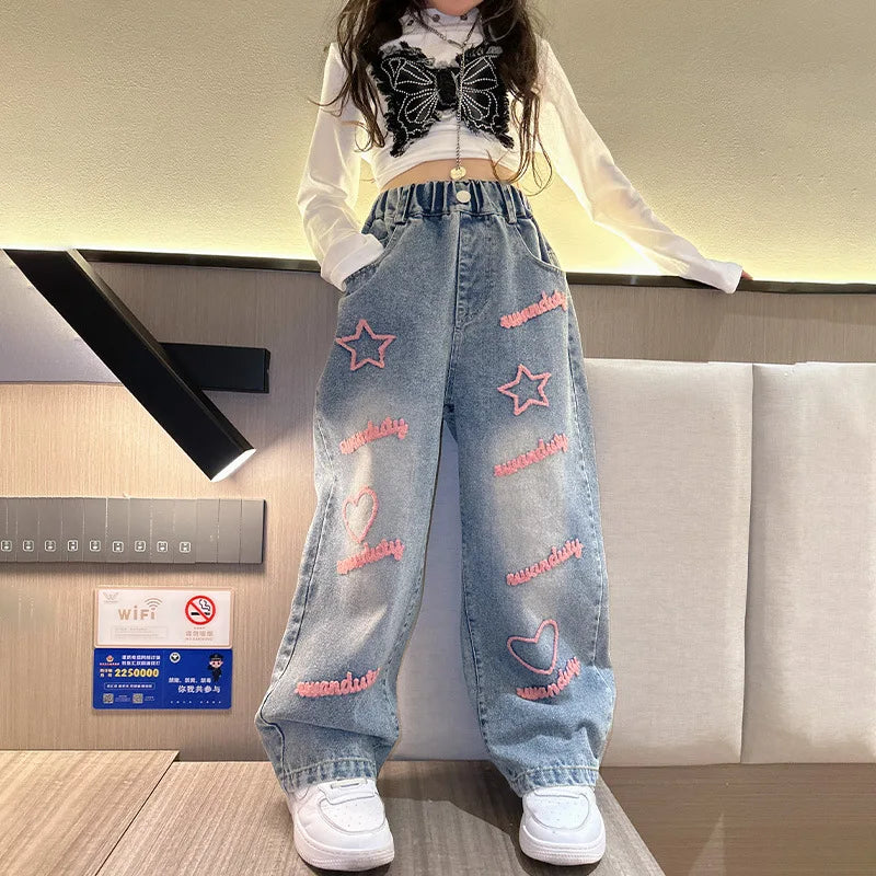 New 2024 Spring Teenagen Girls Jeans Stars Love Towel Embroidered wide Leg Long pants Baggy Denim Trousers for 4-13yrs Kids Girl
