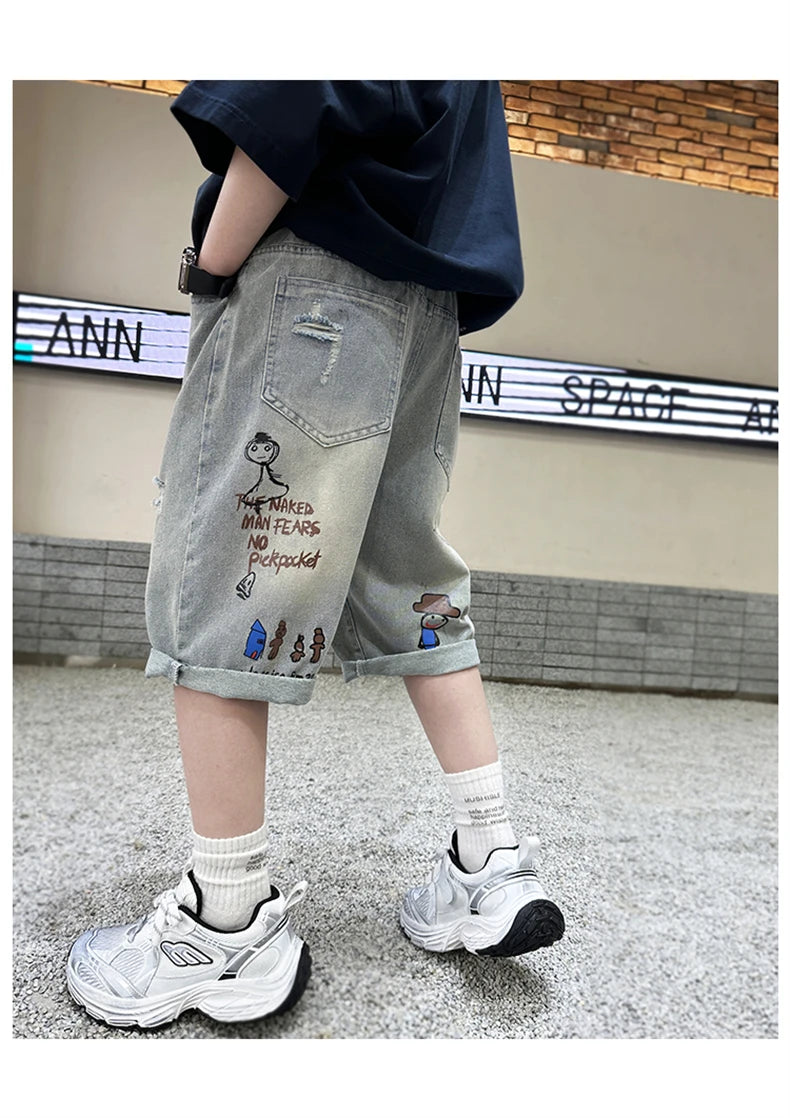 Boy Ripped Jeans 2025 New Product Mid-Pants Summer Fashion Casual Boys Denim Mid-Pants  Printed Cropped Pants 5-15 years old