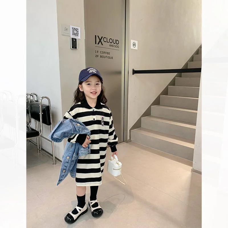 Girls Stripes Dresses Autumn Spring Long Sleeve polo neck Sweatshirt Dress Kids Fashion Casual Clothes 1-10 Years