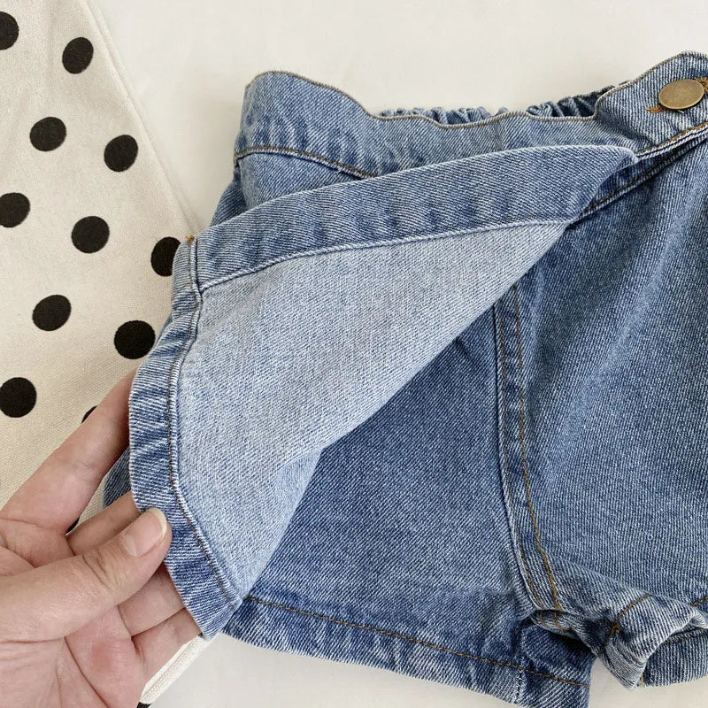 Korean Fashion New Summer Kids Girl Skirt Shorts Solid Elastic Waist Button Soft Denim Culotte Children Versatile Clothing