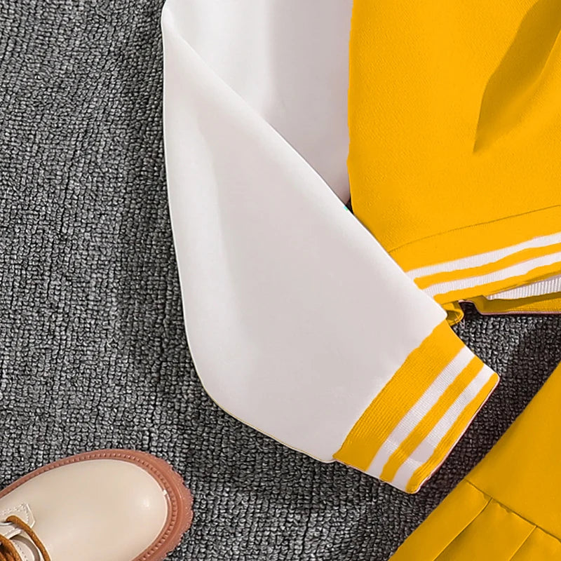 Girls Sets Letters Applique Baseball Outwear & Pleated Skirt Spring Outfit Tween Girls Casual Sporty Sets Trendy Kids Suits