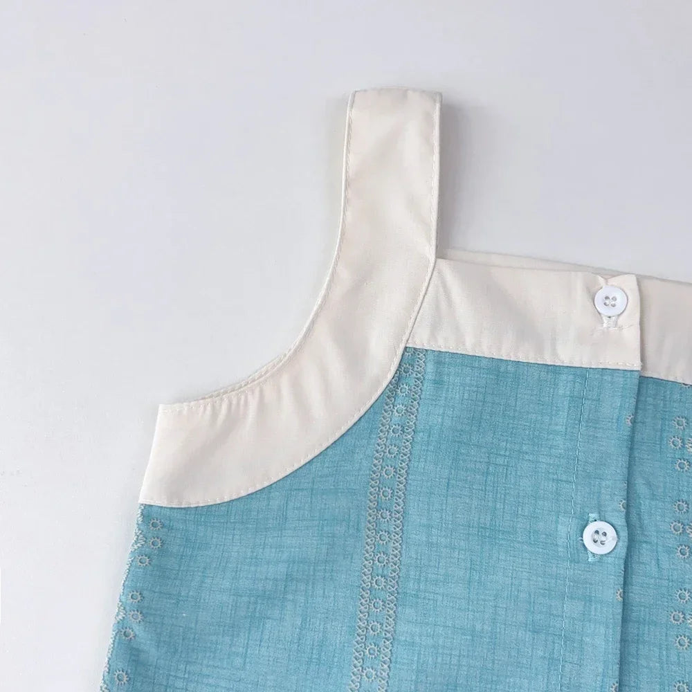 Kids Clothes Blue Printed Camisole Top+wide Leg Pants Set Summer Sleeveless Vest Single Breasted Top Girls' Clothing