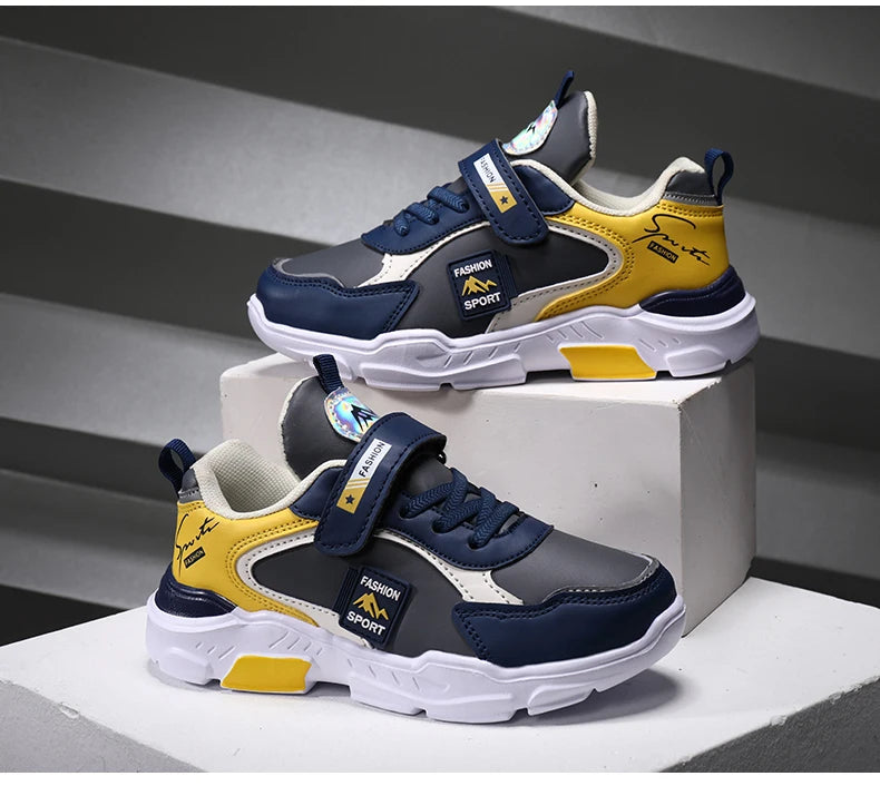 Kids Fashion Sport Casual Sneakers for Boys Leather Upper Children's Outdoor Lightweight Shock-Absorbing Running Shoes