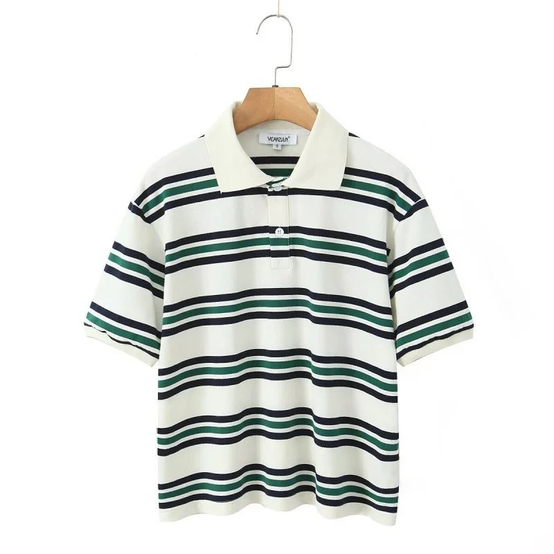 EDSA Women Striped T-shirt POLO Collar Short Sleeves for Summer Female Vintage Top