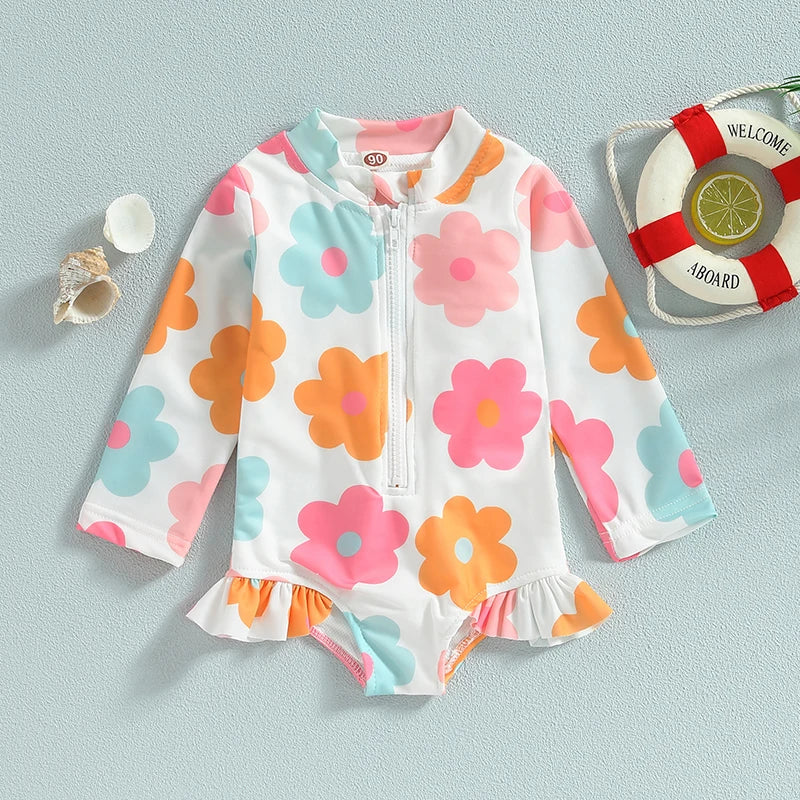 Kids Baby Girl Swimsuits Summer Floral Long Sleeve Zipper Ruffles Jumpsuit Swimwear Beachwear Bathing Suits