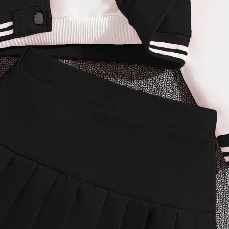 Girls Sets Letters Applique Baseball Outwear & Pleated Skirt Spring Outfit Tween Girls Casual Sporty Sets Trendy Kids Suits