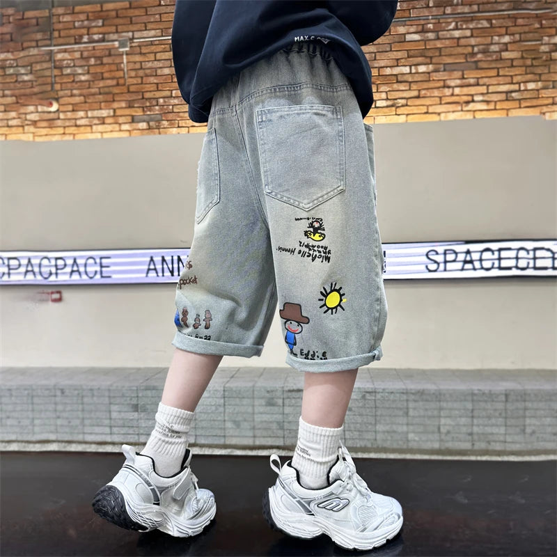 Boy Ripped Jeans 2025 New Product Mid-Pants Summer Fashion Casual Boys Denim Mid-Pants  Printed Cropped Pants 5-15 years old