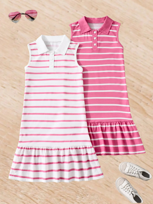 Teenage girls summer striped dress lapel sleeveless single row button unique western style simple breathable POLO sundress