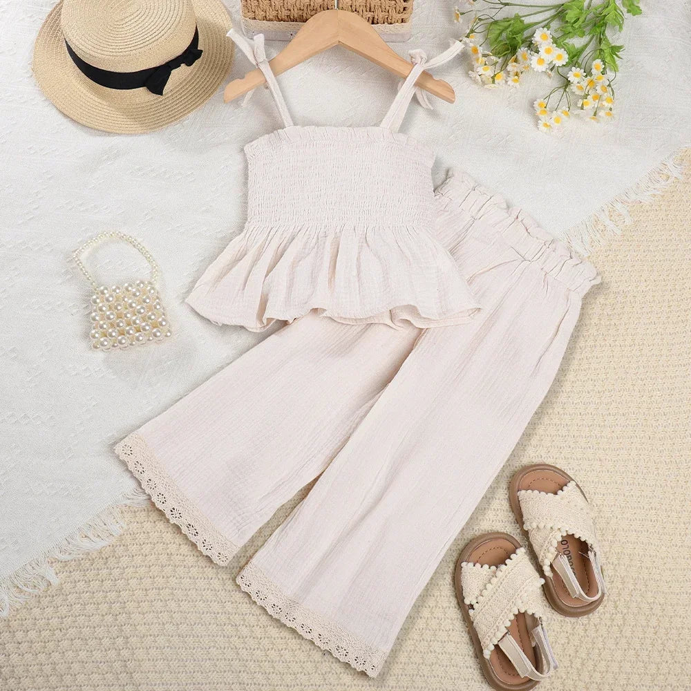 Korean Children Kids Clothing Set Girls Summer Organic Cotton  Camisole Top Lace Wide Leg Pants Trousers Outfits