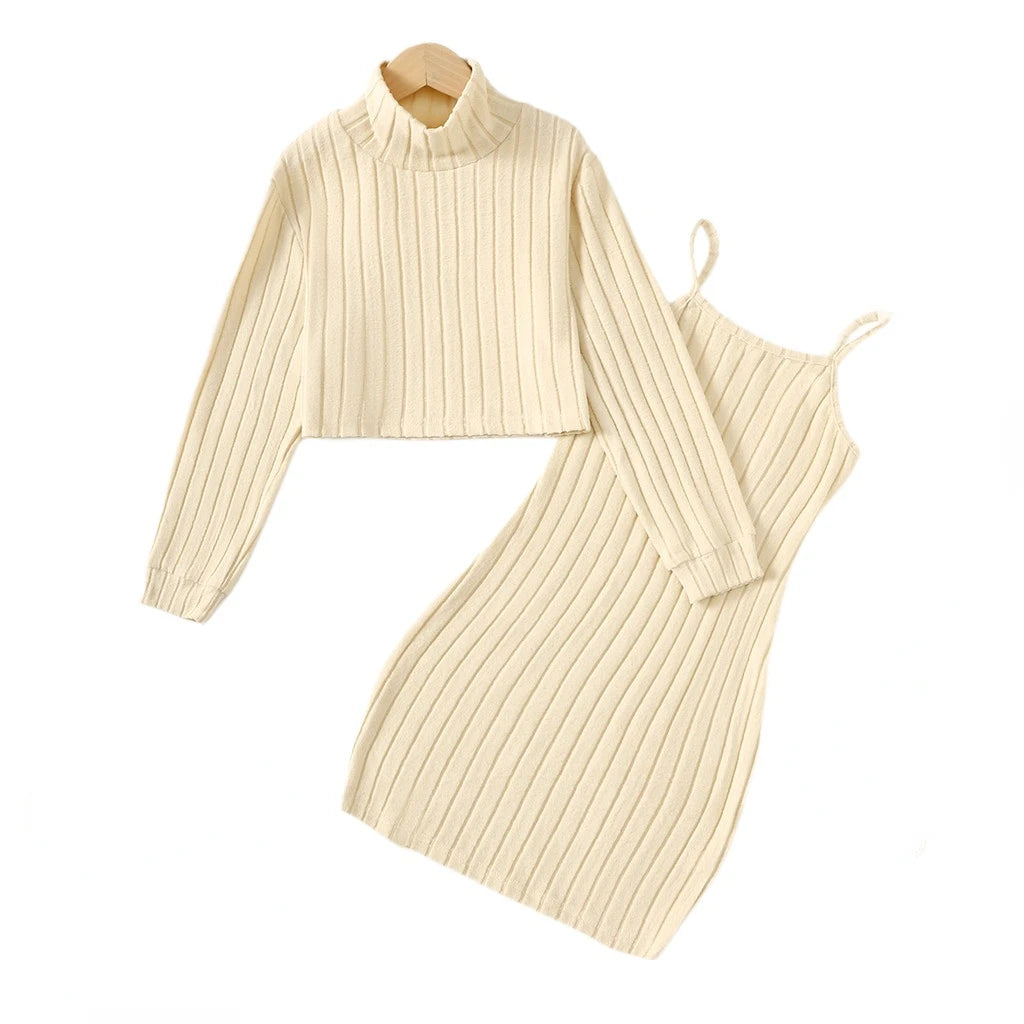 8-14 Years Children Girl 2PCS Clothes Set Solid Long Sleeve Knited Top with Sling Hip Wrap Dress Kid Autumn Elegant Party Outfit