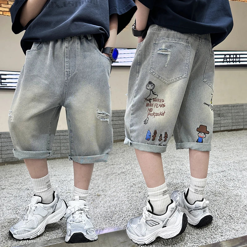 Boy Ripped Jeans 2025 New Product Mid-Pants Summer Fashion Casual Boys Denim Mid-Pants  Printed Cropped Pants 5-15 years old