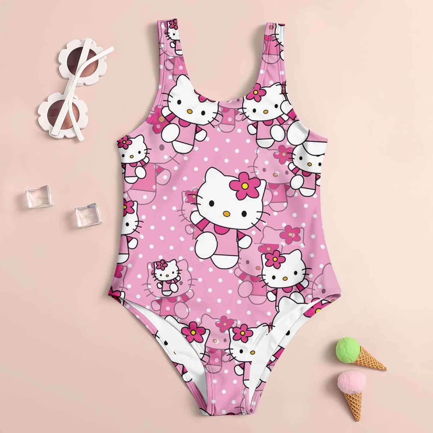 Kids  set swimsuit 3D hello kitty printed pattern printed girl's swimsuit - suitable for summer beach vacation swimming