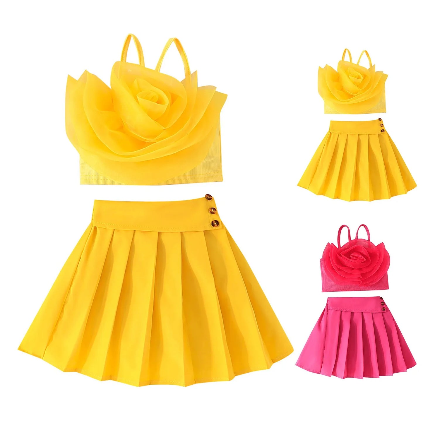 Girls Children'S Set For Kids Solid Color Three Flower Skirts Set Dress Long Sleeve Shirt Sling+Dress Summer Overalls