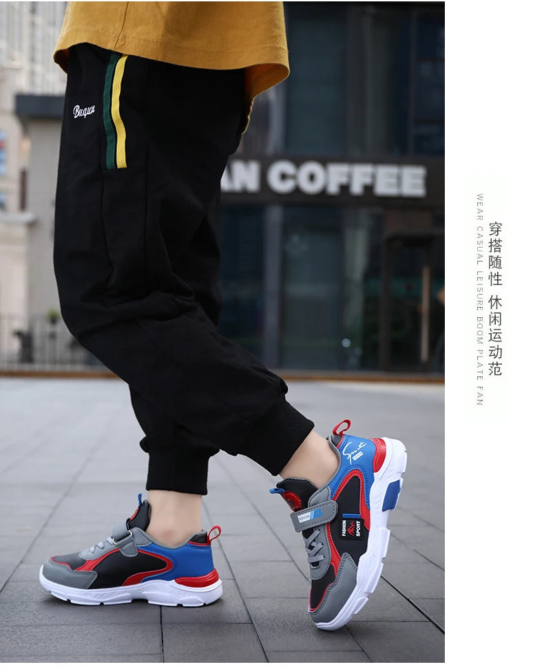 Kids Fashion Sport Casual Sneakers for Boys Leather Upper Children's Outdoor Lightweight Shock-Absorbing Running Shoes