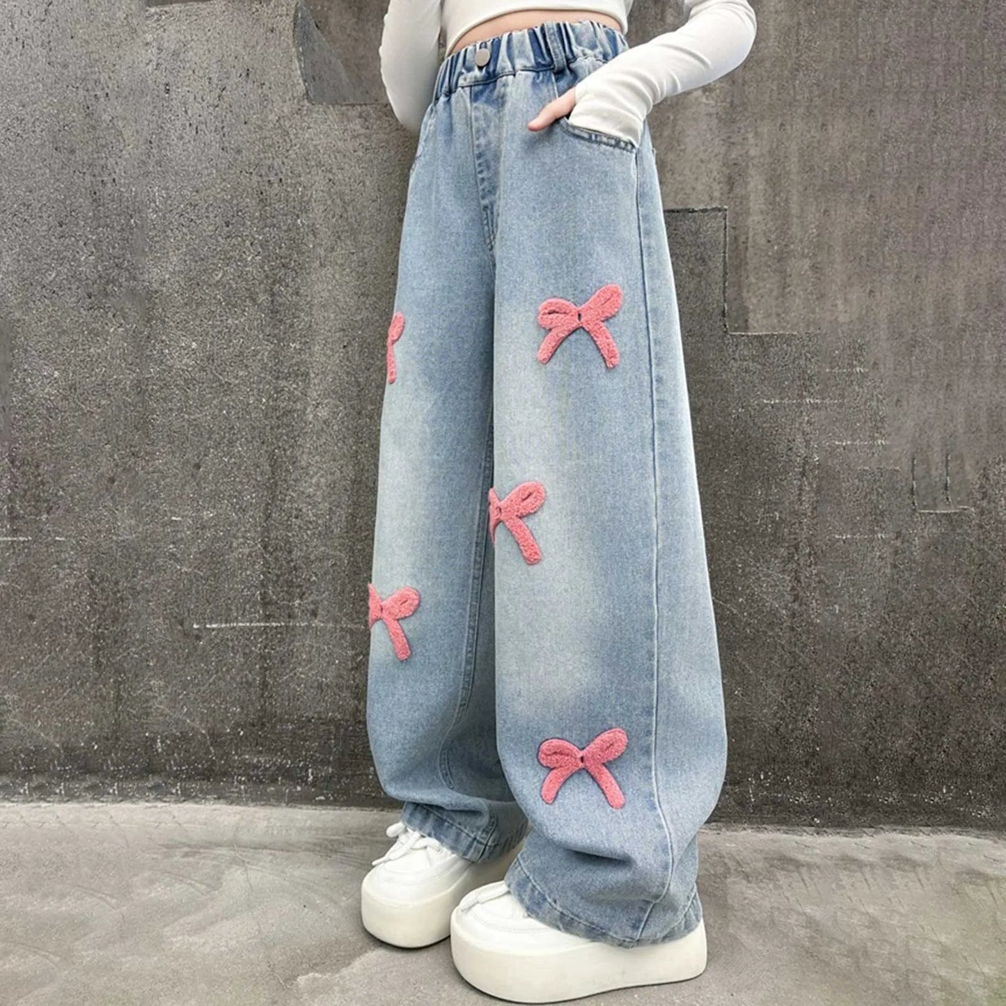 2t Girl Clothes Girls Jeans Streetwear Denim Cargo Pants High Waist Floor Length Baggy Wide Leg Jeans Snow Pants Big Girls