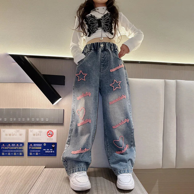New 2024 Spring Teenagen Girls Jeans Stars Love Towel Embroidered wide Leg Long pants Baggy Denim Trousers for 4-13yrs Kids Girl