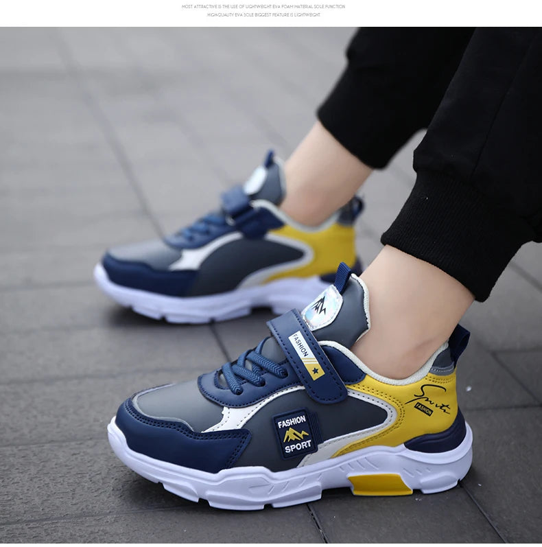 Kids Fashion Sport Casual Sneakers for Boys Leather Upper Children's Outdoor Lightweight Shock-Absorbing Running Shoes