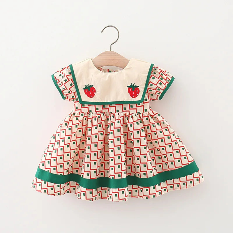 Summer Children's Clothes Simple Plaid Baby Girls Dresses Short Sleeve Kids Fashion Navy Collar 0 To 3 Years Old Toddler Costume