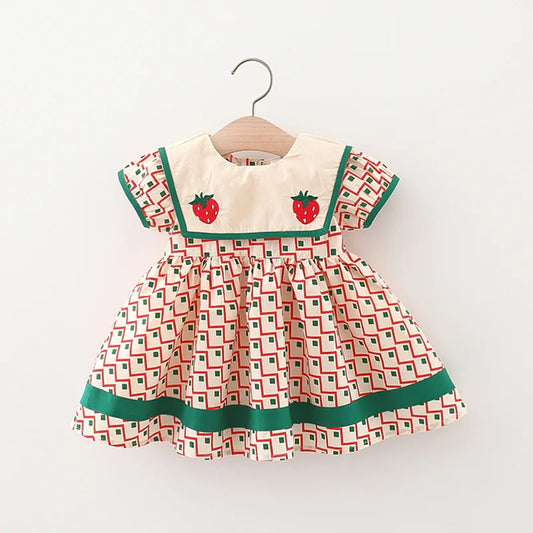 Summer Children's Clothes Simple Plaid Baby Girls Dresses Short Sleeve Kids Fashion Navy Collar 0 To 3 Years Old Toddler Costume