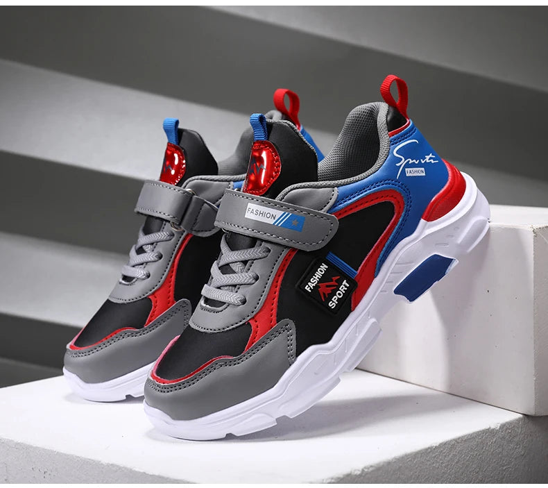 Kids Fashion Sport Casual Sneakers for Boys Leather Upper Children's Outdoor Lightweight Shock-Absorbing Running Shoes