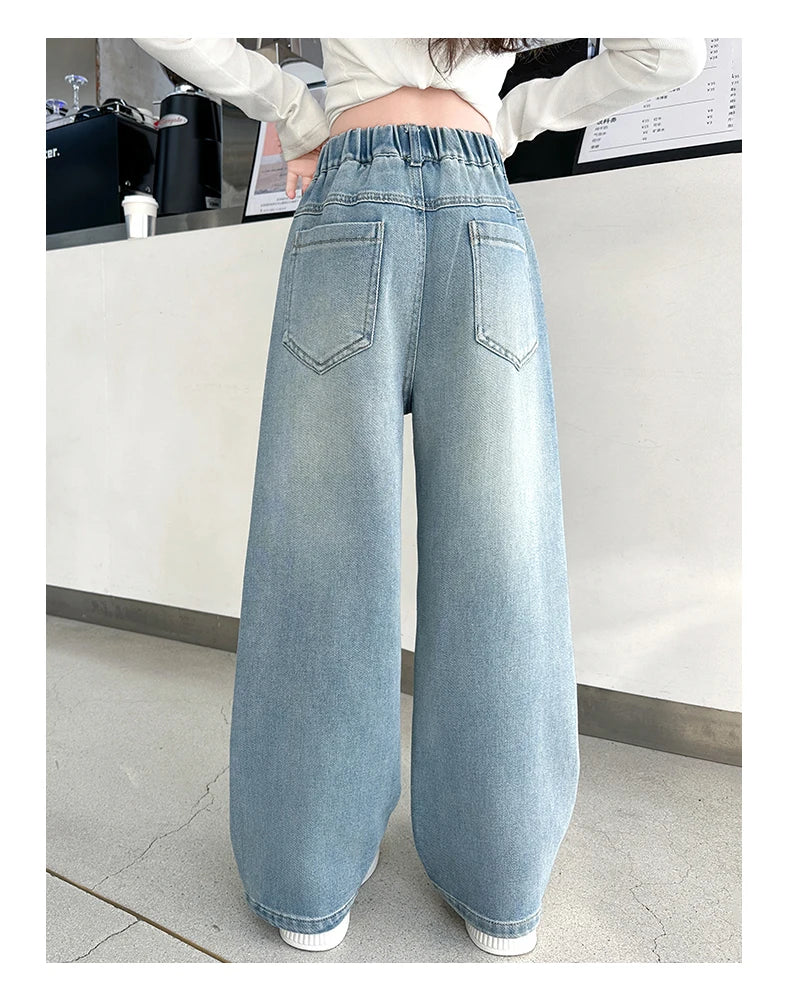 Girls versatile butterfly ripped  jeans wide-leg pants 2025 new product fashionable versatile medium and large children slimming